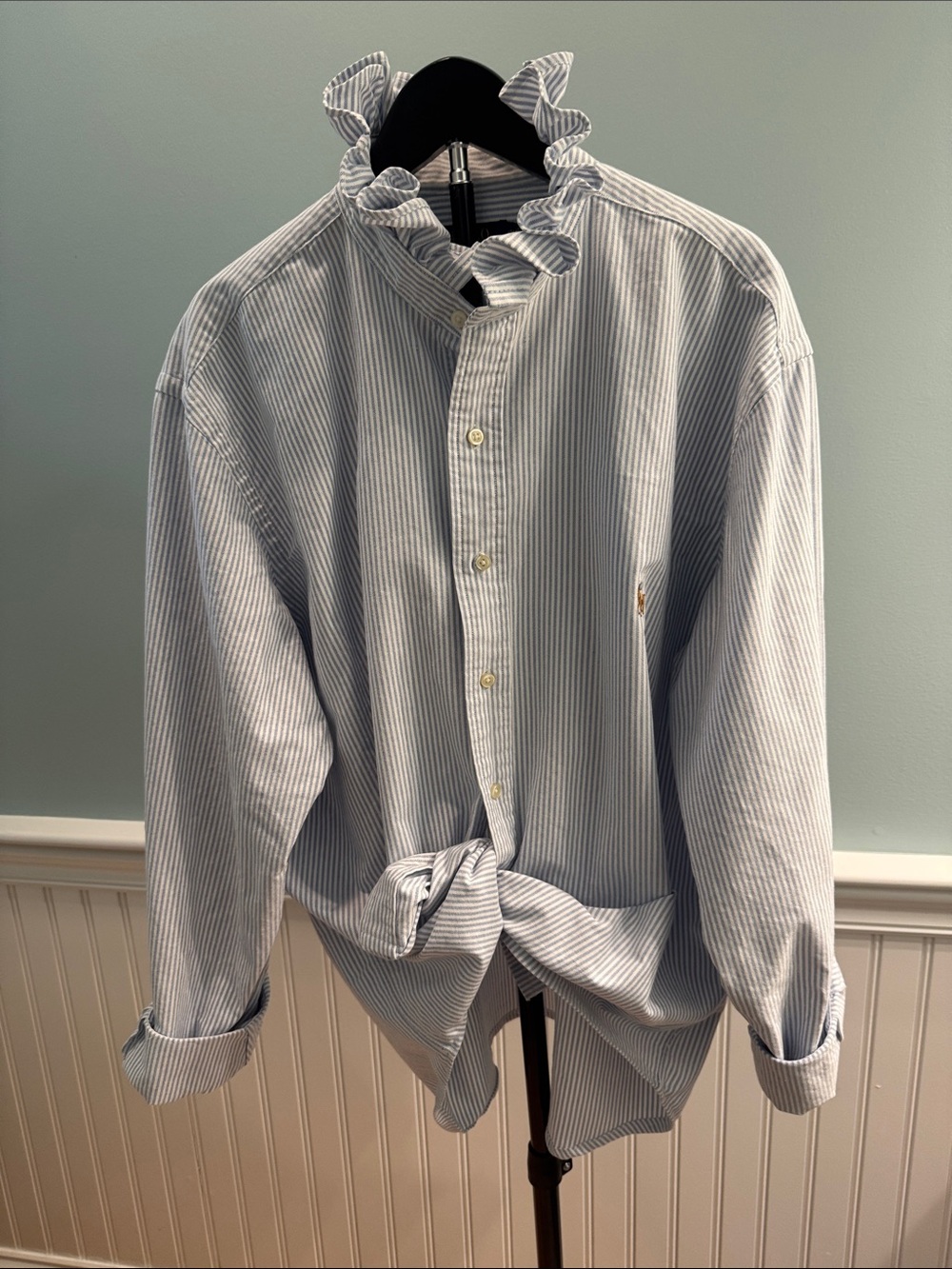 Ralph Lauren Blue and White Striped Ruffle-Collar Button-Down Shirt